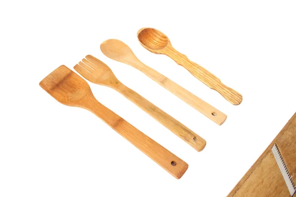 Fourchette ancienne en bois, cuillère, spatule — Photo