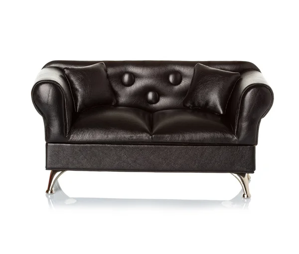 Black leather sofa, couch isolated — Stock Photo, Image