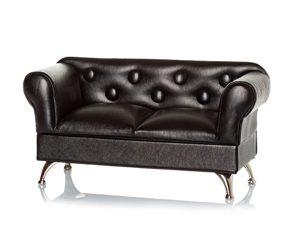 Black leather sofa, couch isolated — Stock Photo, Image