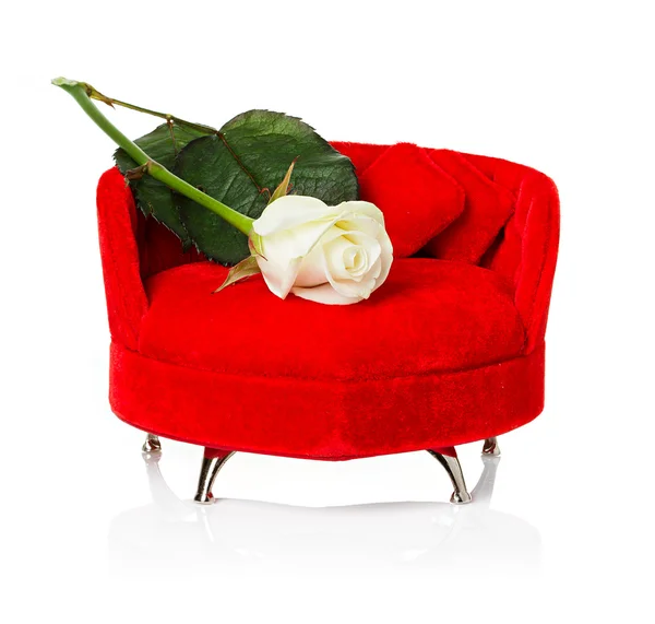 Red sofa, couch with white rose — Stock Photo, Image