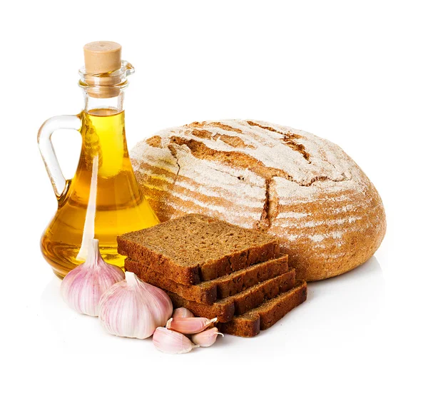Rural country still life. Bread, sunflower oil — Stock Photo, Image