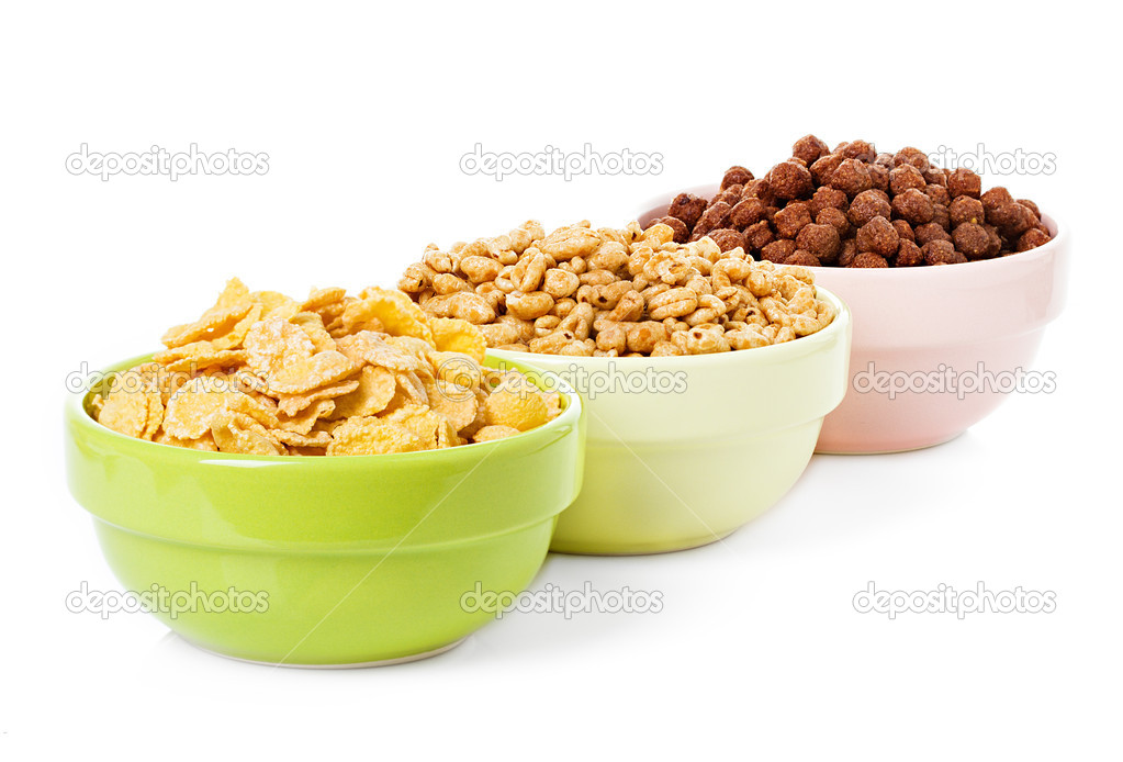 Assortment dry cereal, flakes  for breakfast, isolated on white