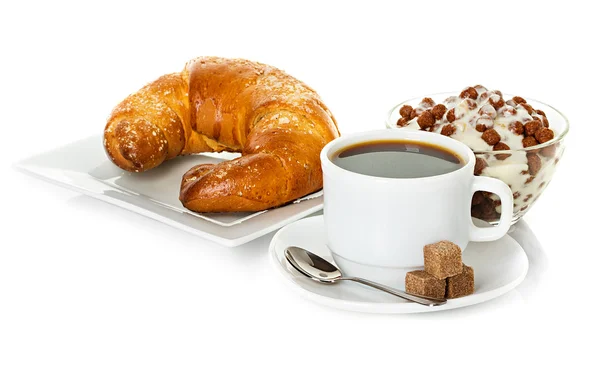 Cup of coffee, fresh croissants and muesli — Stock Photo, Image