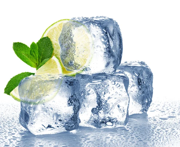 Lime, mynta och ice cube isolerade — Stockfoto