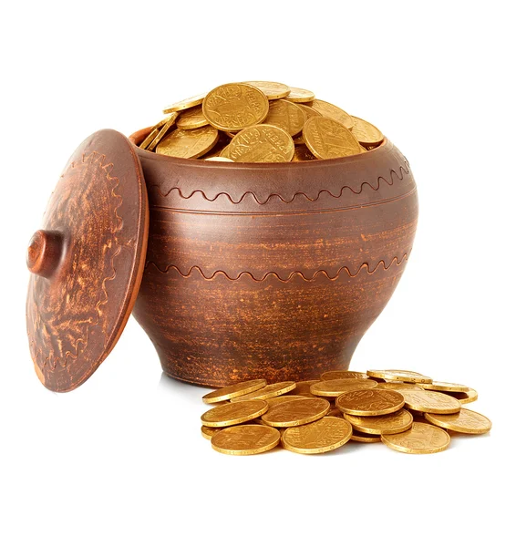 Golden coins in ceramic pot, isolated — Stock Photo, Image