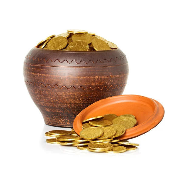 Golden coins in ceramic pot, isolated — Stock Photo, Image