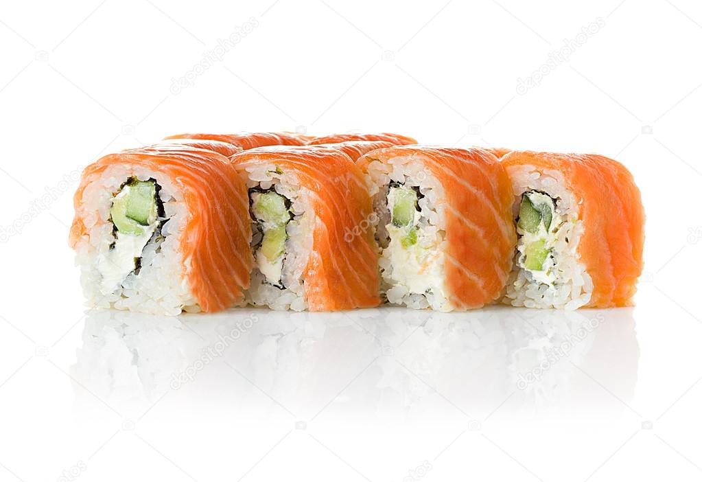 Sushi isolated on a white background. Philadelphia classic. Maki. Salmon, Philadelphia cheese, cucumber, avocado.