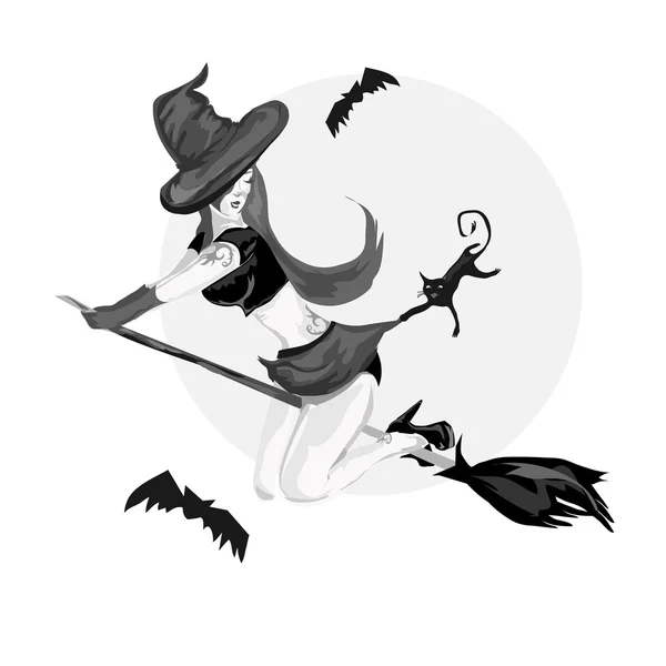 Pretty pin-up witch flying on a broom — Stock Photo, Image