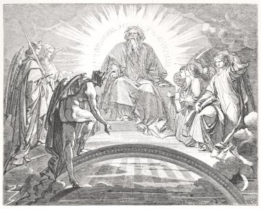 Mephisto Tanrı ve faust içinde üç baş meleklerin önünde