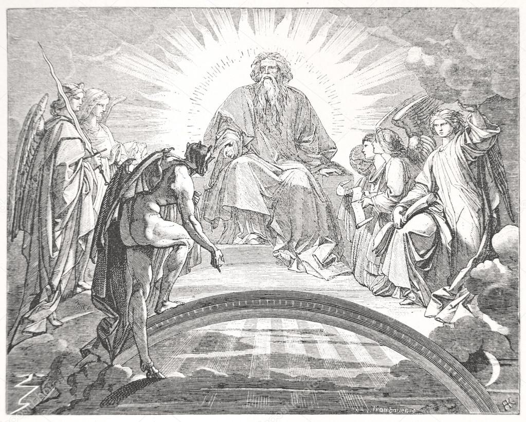 Mephisto in front of God and the three archangels in Faust