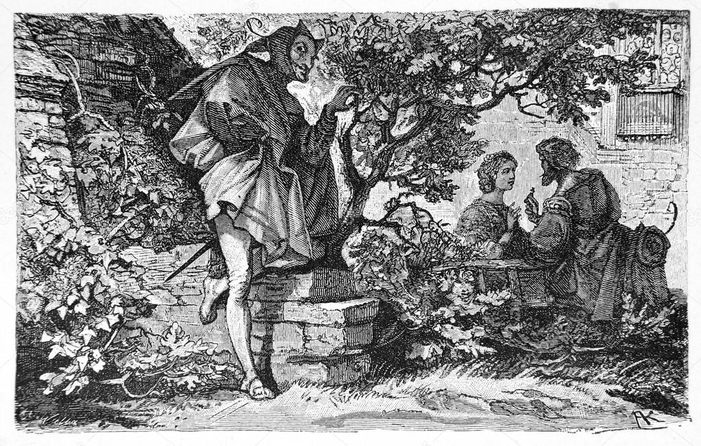 Goethe's Faust: Faust and Gretchen in the garden, Mephisto listens
