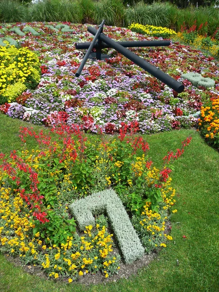 Zegar kwiatowy w parku miejskiego, Genewa, Szwajcaria – symbol przemysłu zegarek — Zdjęcie stockowe