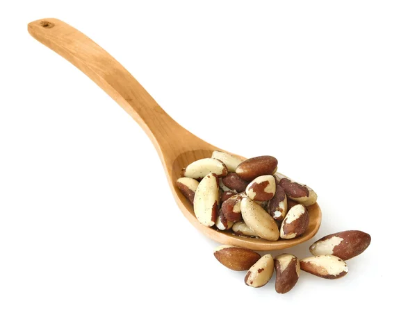 Brazil nuts in a wooden spoon — Stock Photo, Image