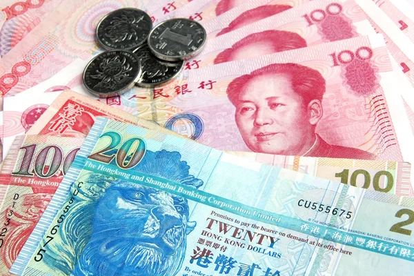 Yuan chino vs dólares de Hong Kong — Foto de Stock