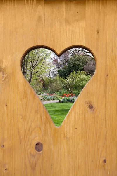 Escena de primavera a través de un agujero en forma de corazón en una puerta de madera — Foto de Stock