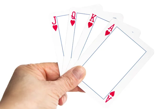 Χέρι εκμετάλλευση παίζουν χαρτιά, άδειο πλαίσιο για δημιουργική μοντάζ — Φωτογραφία Αρχείου