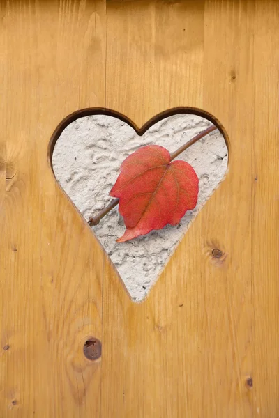 Folha vermelha de outono no buraco da porta em forma de coração — Fotografia de Stock