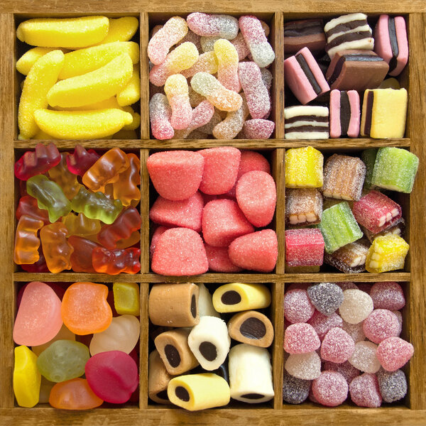 Assorted candy in a wooden box