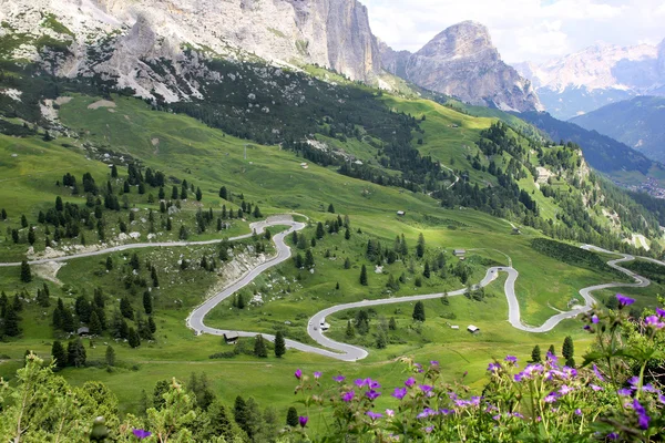 Autopista curvilínea en el paso Gardena, Alpes Dolomitas, Tirol del Sur, Italia —  Fotos de Stock