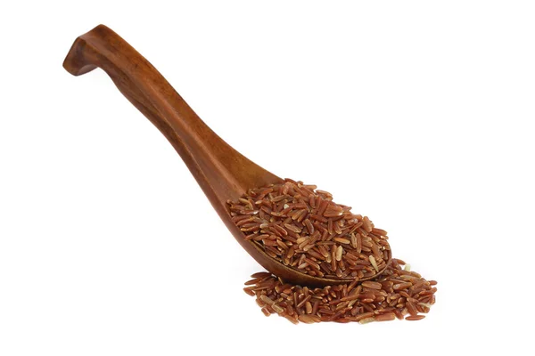 Red whole wheat rice on a wooden spoon — Stock Photo, Image