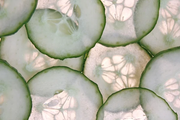 Macro de tranches de légumes en série rétroéclairée - concombre — Photo
