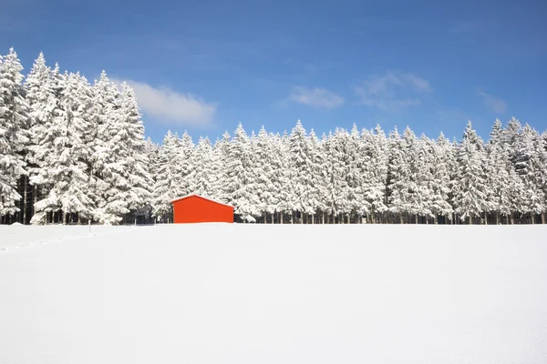 Κόκκινη σιταποθήκη στο χιόνι τοπίο — Φωτογραφία Αρχείου