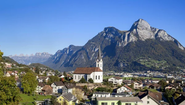 Kyrkan Anthony Gallen Staden Wangs Med Sargans Mont Gonzen Och — Stockfoto