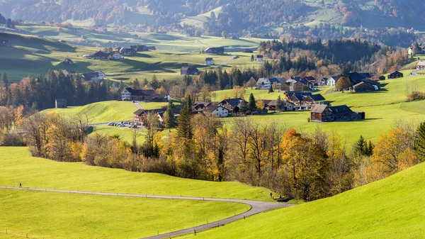 Panoroma Falu Svájci Appenzellerland Őszi Szezonban Hangulata Reggeli Lágy Fény — Stock Fotó