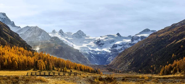 木製の橋で有名なロゼグ渓谷 ロゼグ氷河は黄金の秋の季節の背景にあります — ストック写真