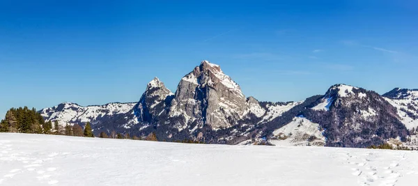 Panorama Del Monte Mythen Gross Klein Coperto Neve Inverno Visto — Foto Stock