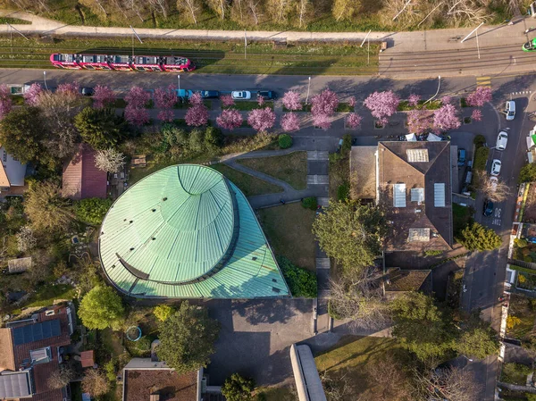 スイス バーゼル 3月28日 2022年 改革派プロテスタント教会クラウス ブラザーの屋根の空中景観 バーゼルの通り沿いに桜のピンクの木が咲く — ストック写真