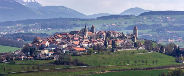 Panorama Obraz Starého Švýcarského Města Romont Postaveného Skalním Výčnělku Canton — Stock fotografie