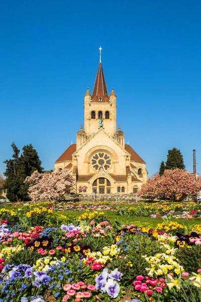 Paul Church Colorful Meadow Spring Flower Basel Switzerland — Fotografia de Stock