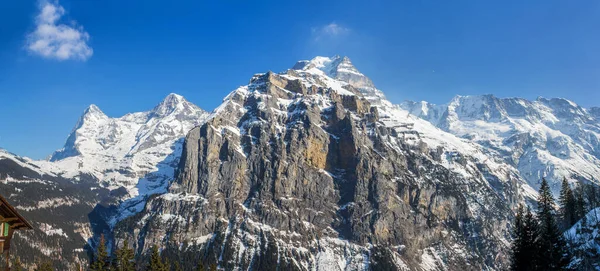 Leghíresebb Három Svájci Alpokban Hegycsúcsok Eiger Moench Jungfrau Nézett Muerren — Stock Fotó