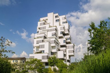 Basel, Switzerland - 09. May 2022: The contemporary architecture house Stoll Turm with its cubic characterics is a building complex with residence and offices.