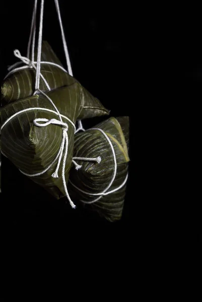 Rice Dumpling Zongzi Hanging Black Background Aditional Sweet Chinese Food — Fotografia de Stock