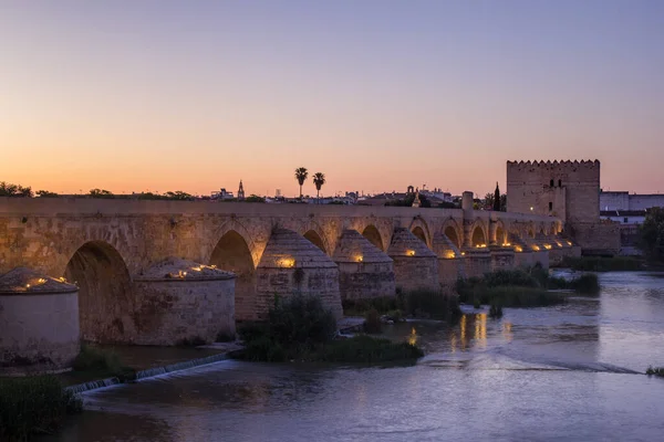 中世纪城市科尔多瓦 安达卢西亚 古老的罗马桥在黄昏时分跨越瓜达尔基维尔河 西班牙 — 图库照片