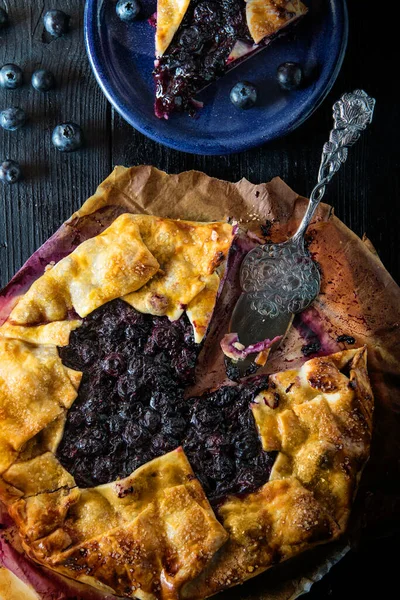 Blueberry Cake Recipe Blueberry Galette Cut Slice Vintage Pie Server — Stock Photo, Image