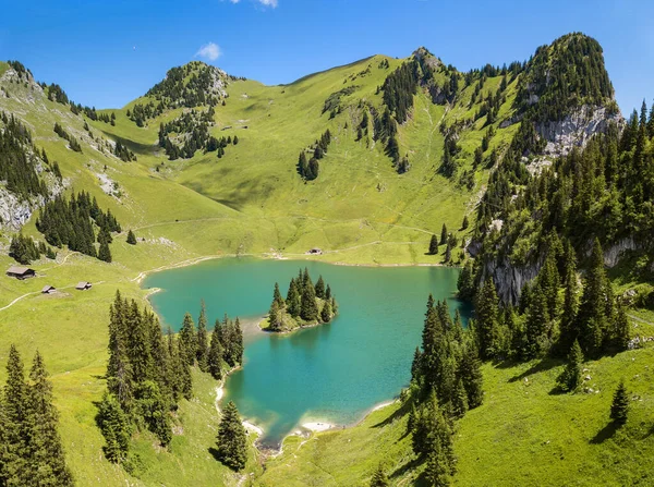 Aeiral View Turquoise Lake Hinterstockensee Foot Stockhorn Peak Bernese Oberland — Stock Photo, Image