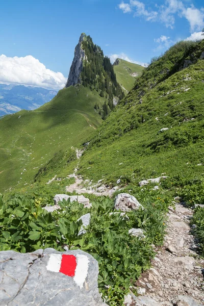Narrow hiking trails with gravel path on the Swiss Alps Stockhorn and Solhore peak, marked by a red and white bars as more challenging routes. These signs are set by the Swiss Hiking Association.