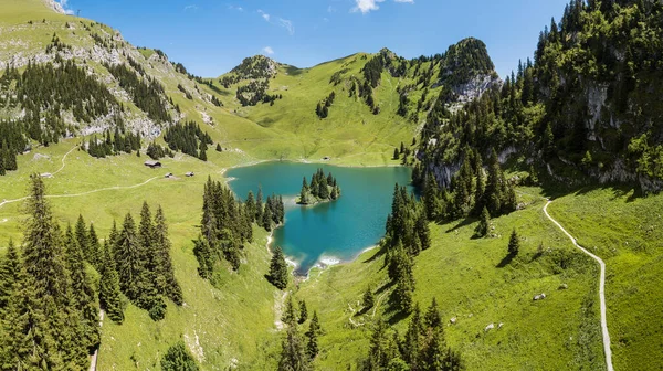 Aeiral View Turquoise Lake Hinterstocken Foot Stockhorn Peak Bernese Oberland — Stock Photo, Image