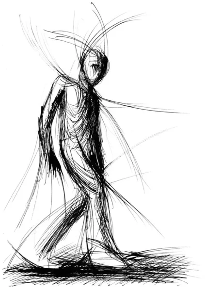 Art Line Man Walking Deep Thought Sketch Hand Black White — Φωτογραφία Αρχείου