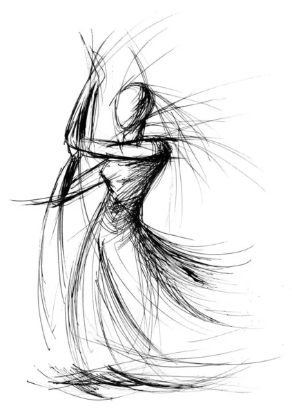 Art Line Female Dancer Long Skirt Sketch Hand Black White — ストック写真