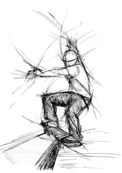 Art line of a kick board rider in action. Sketch by hand on black and white