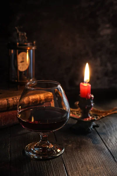 Classic Still Life Vintage Books Clock Candle Glass Red Wine — стоковое фото