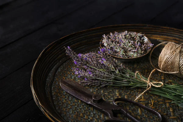 Harvested Fresh Lavender Scissors Jute Twine Roll Bamboo Tray Moody — Foto de Stock