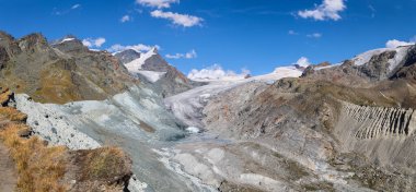 Panorama of Swiss Alps peak Strahlhorn and the disappearing Findel Glacier to Matterhorn and its surroundings, Switzerland, Europe