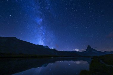 Matterhorn and the milkyway with reflection on the Stelisee lake at summer midnight, Zermatt, Switzerland