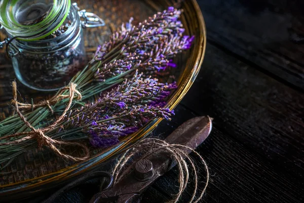 Harvested Fresh Lavender Seeds Glass Jar Bamboo Tray Sciccors Jute — Stock Photo, Image