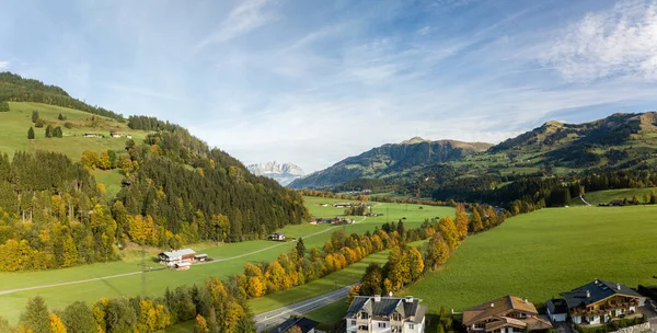 Aerial Image Aurach Valley Colorful Autumn Season Wilder Kaiser Mountain — Stock Photo, Image